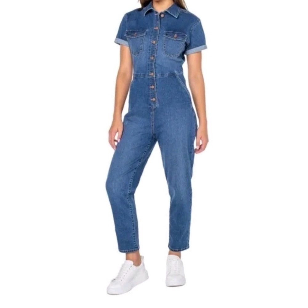 👖 Celebrity Pink Denim Jumpsuit – Straight Leg, Short Sleeve | Size L
